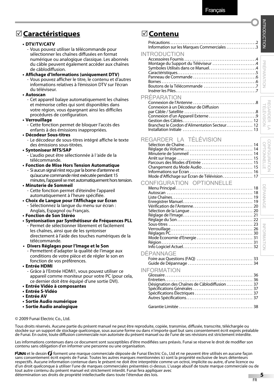 Français, Introduction, Préparation | Regarder la télévision, Configuration optionnelle, Dépannage, Information, 5 caractéristiques, 5 contenu | Emerson LC320EMXF User Manual | Page 44 / 116