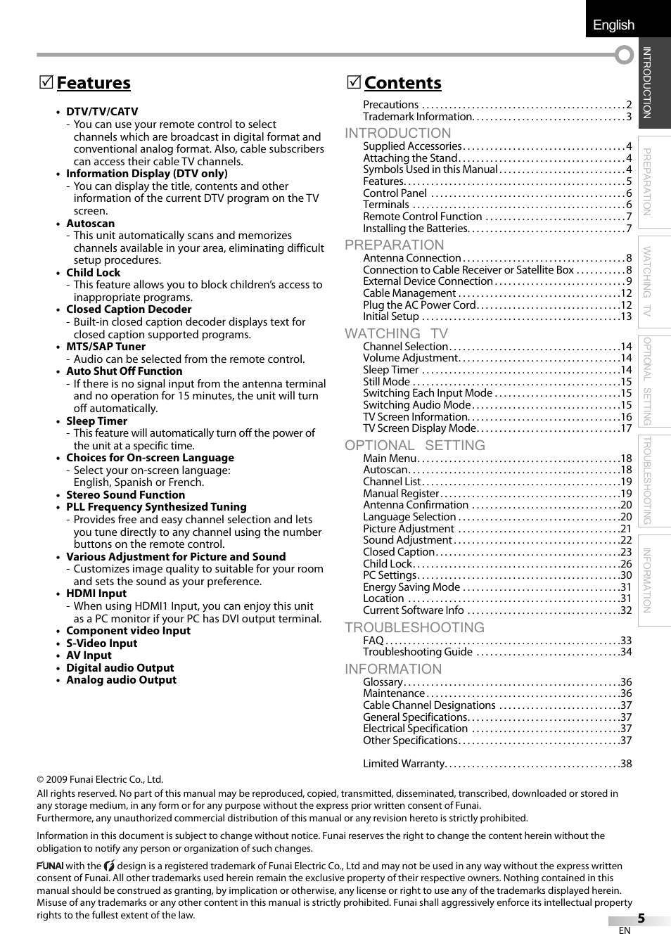 English español français, Introduction, Preparation | Watching tv, Optional setting, Troubleshooting, Information, 5 features, 5 contents | Emerson LC320EMXF User Manual | Page 5 / 116