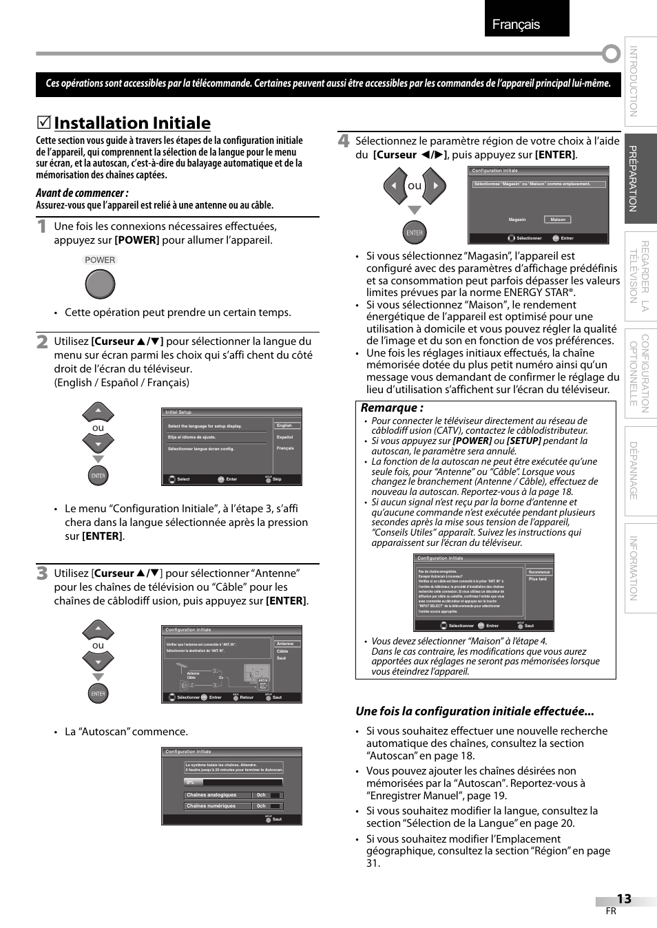 Français, 5 installation initiale, Avant de commencer | Remarque, Une fois la configuration initiale effectuée, La “autoscan” commence | Emerson LC320EMXF User Manual | Page 52 / 116