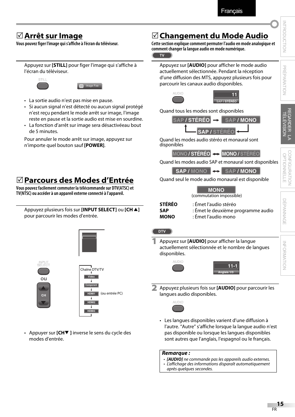 Français, 5 arrêt sur image, 5 parcours des modes d’entrée | 5 changement du mode audio | Emerson LC320EMXF User Manual | Page 54 / 116