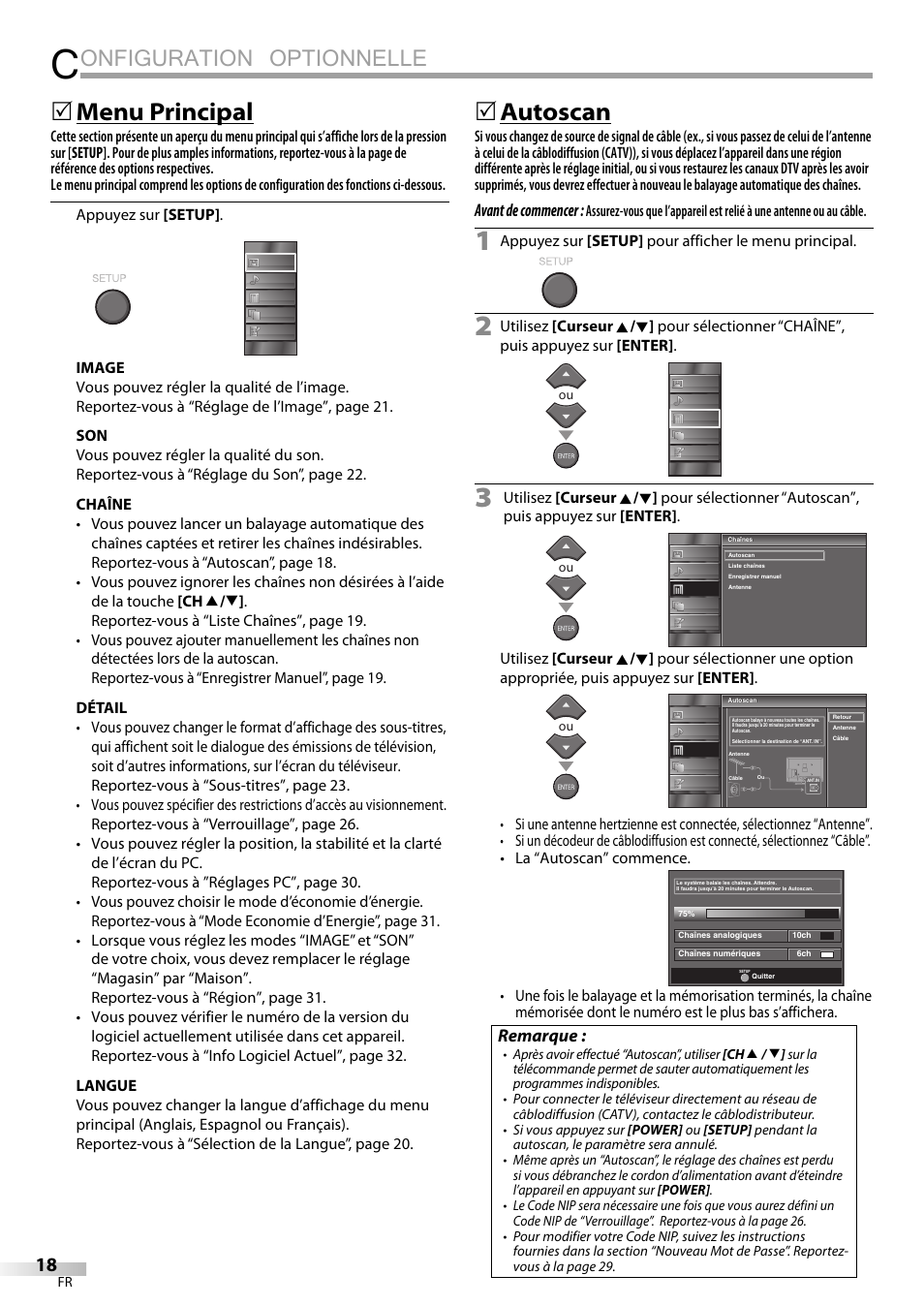 Onfiguration optionnelle, 5 menu principal, 5 autoscan | Avant de commencer, Remarque | Emerson LC320EMXF User Manual | Page 57 / 116