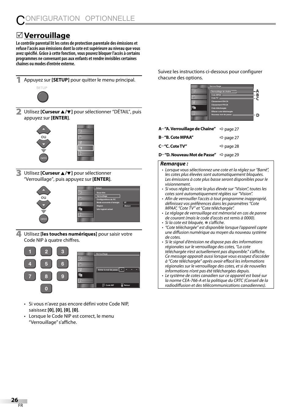 Onfiguration optionnelle, 5 verrouillage, Remarque | Emerson LC320EMXF User Manual | Page 65 / 116