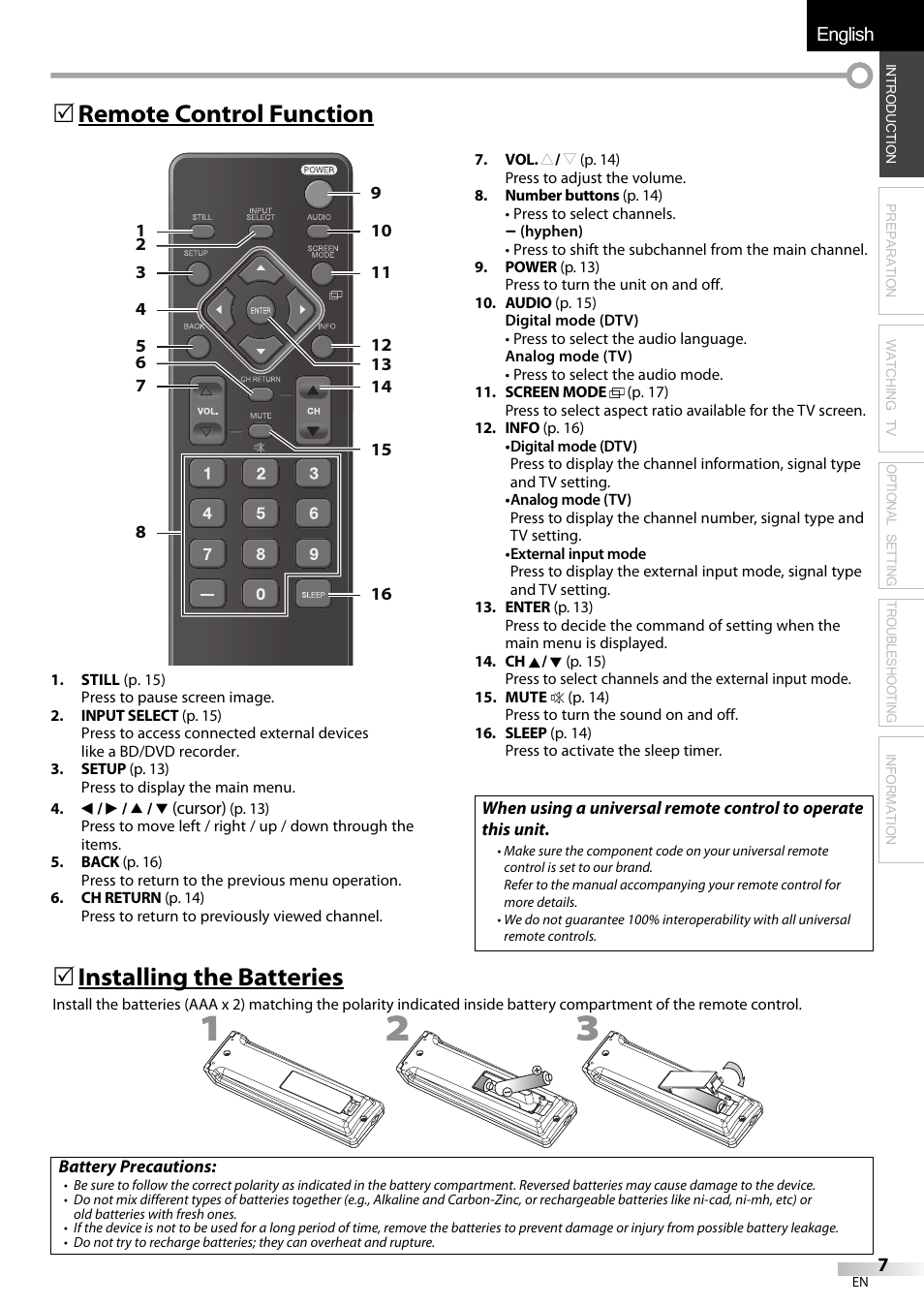 English español français, 5 remote control function, 5 installing the batteries | Emerson LC320EMXF User Manual | Page 7 / 116