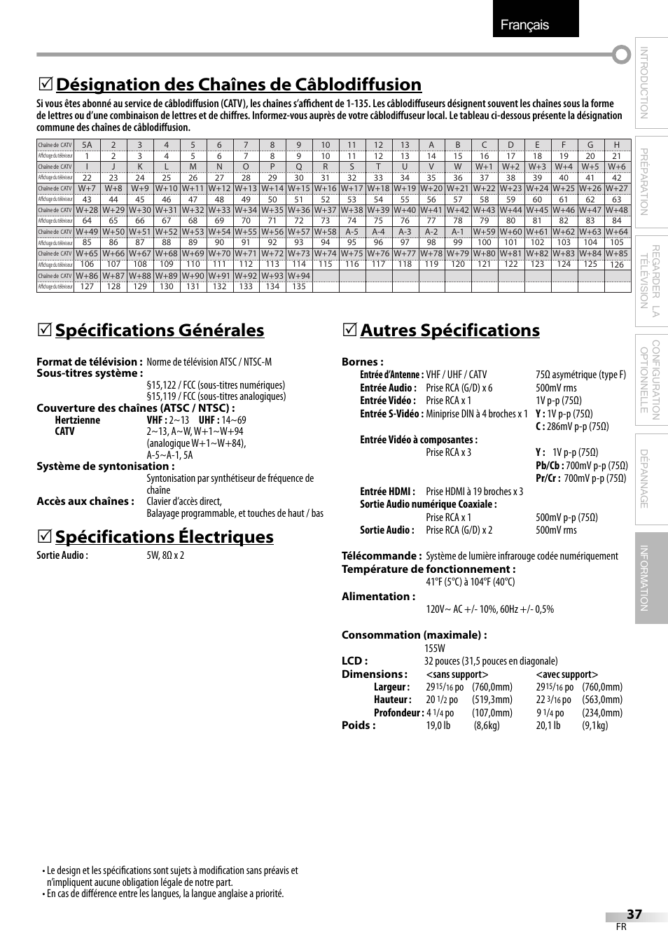 Français, 5 spécifications générales, 5 spécifications électriques | 5 autres spécifications, 5 désignation des chaînes de câblodiffusion | Emerson LC320EMXF User Manual | Page 76 / 116