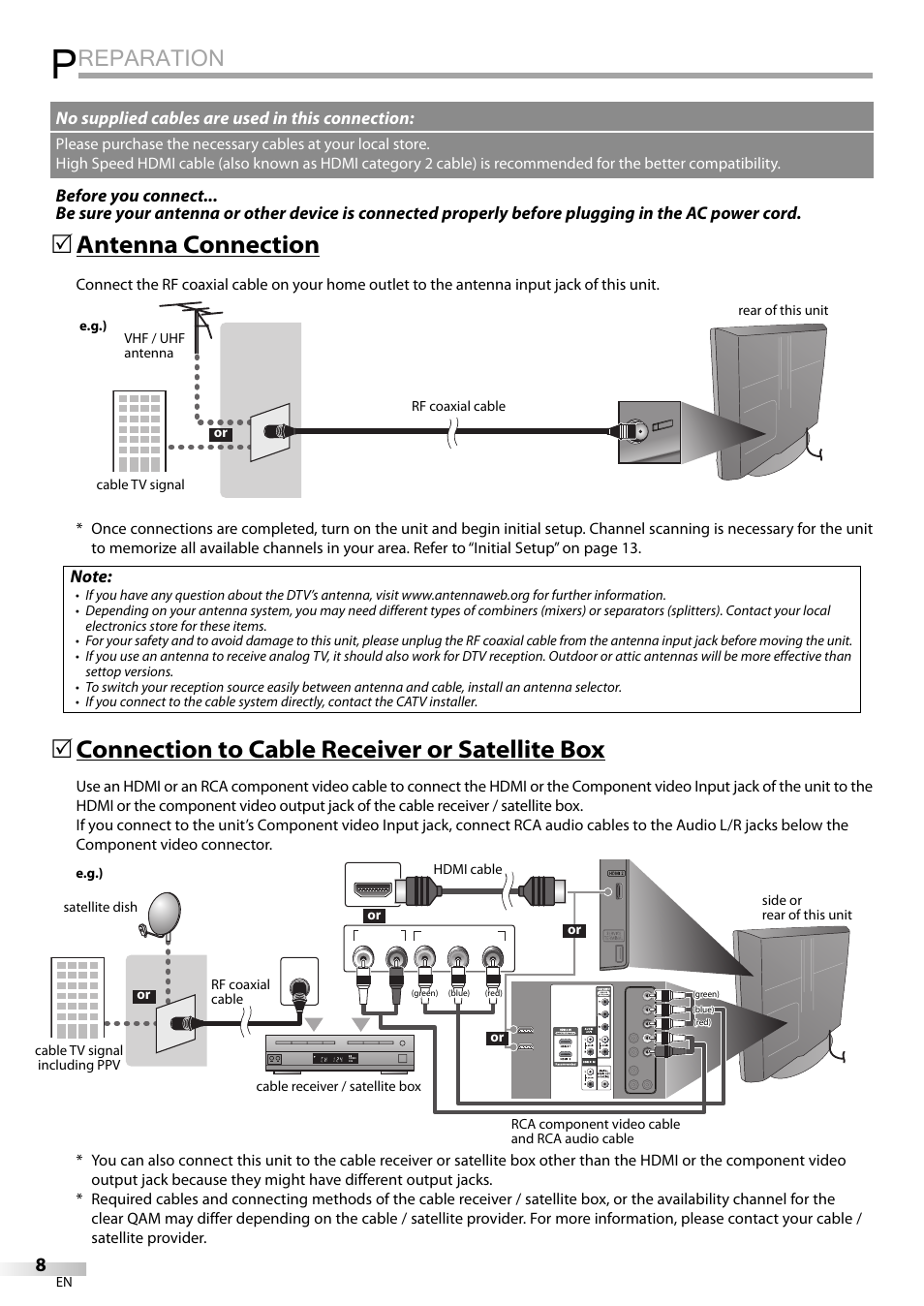 Reparation, 5 antenna connection, 5 connection to cable receiver or satellite box | No supplied cables are used in this connection | Emerson LC320EMXF User Manual | Page 8 / 116