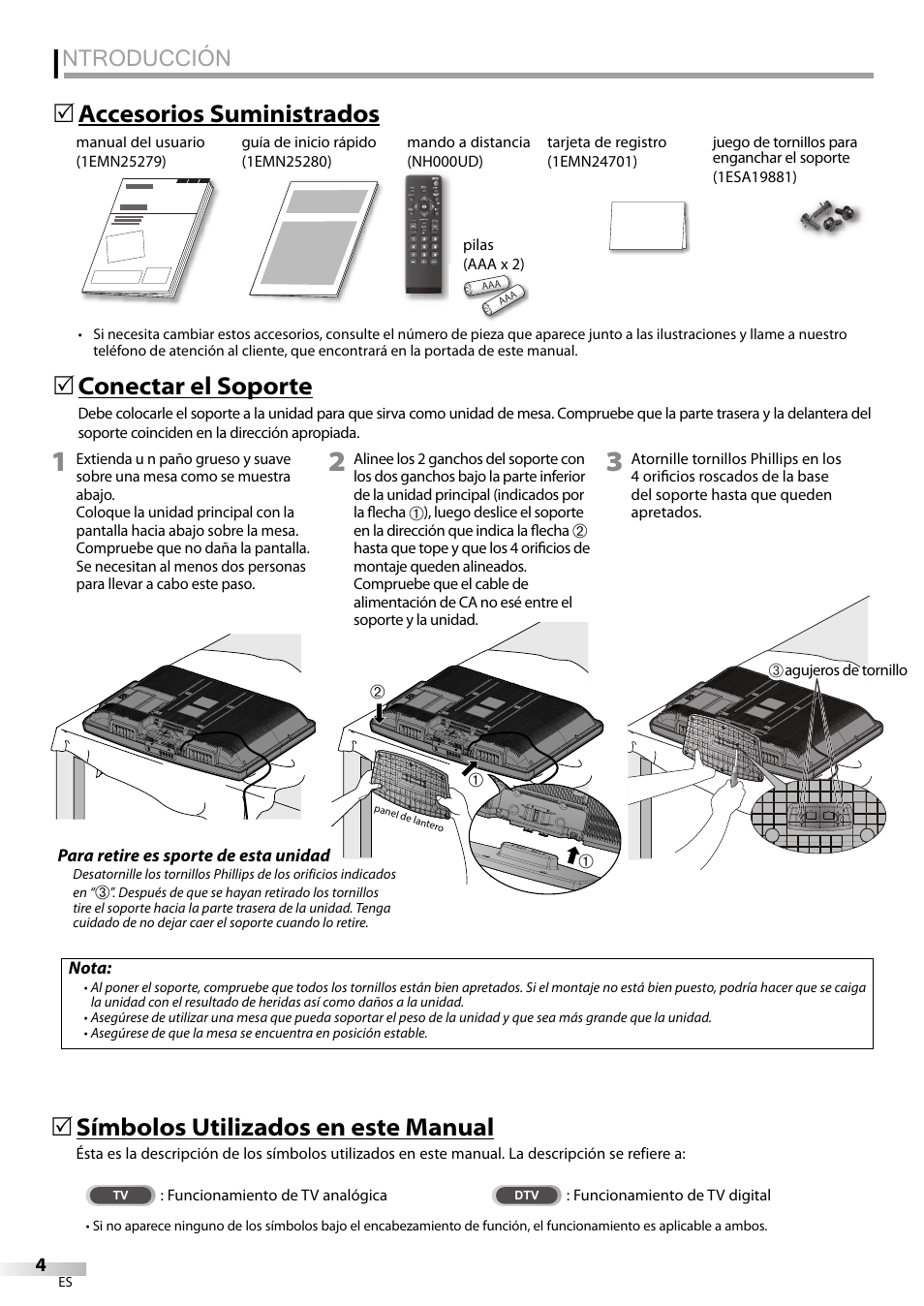 Ntroducción, 5 conectar el soporte, 5 accesorios suministrados | 5 símbolos utilizados en este manual | Emerson LC320EMXF User Manual | Page 82 / 116