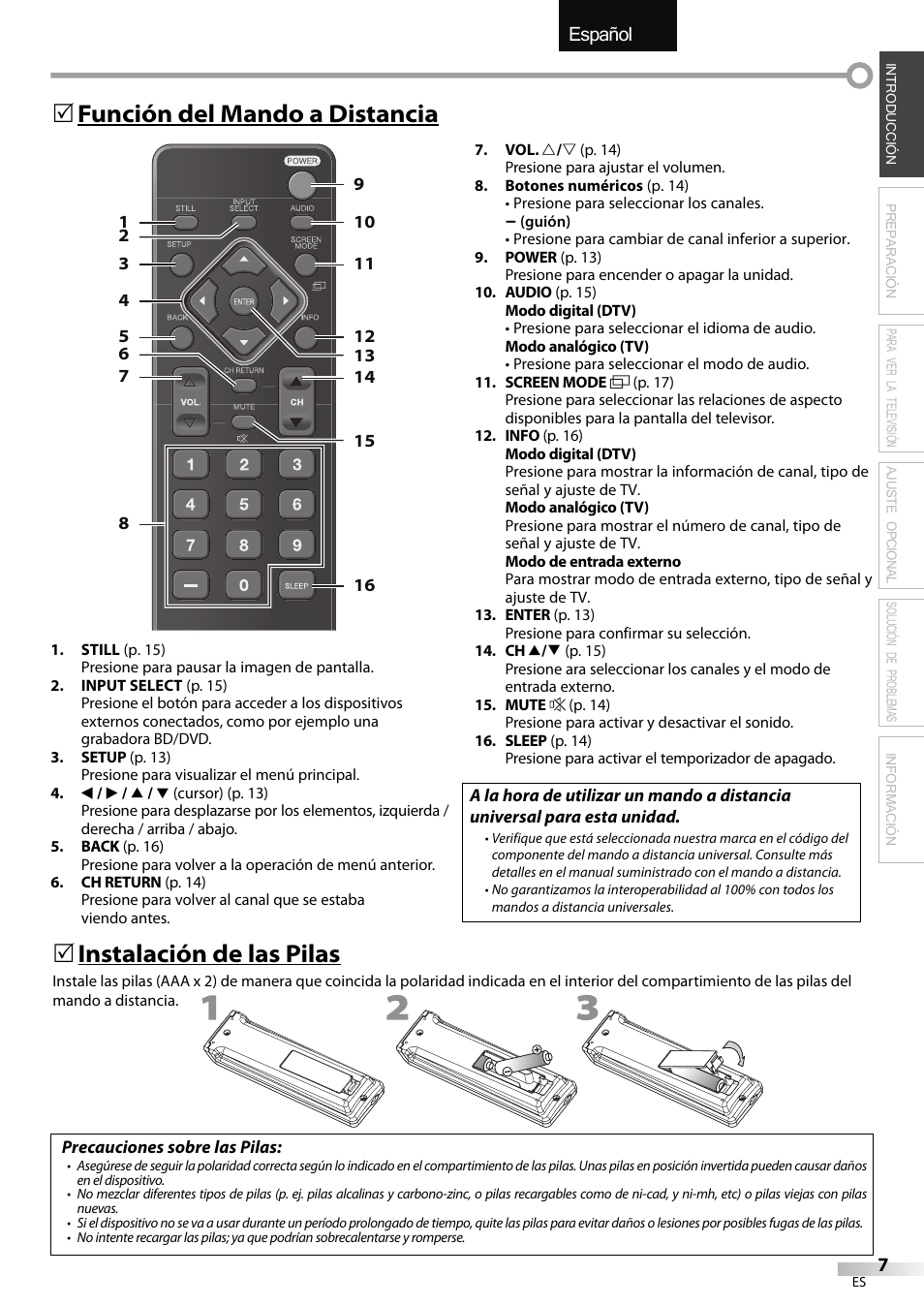 English español français, 5 función del mando a distancia, 5 instalación de las pilas | Emerson LC320EMXF User Manual | Page 85 / 116