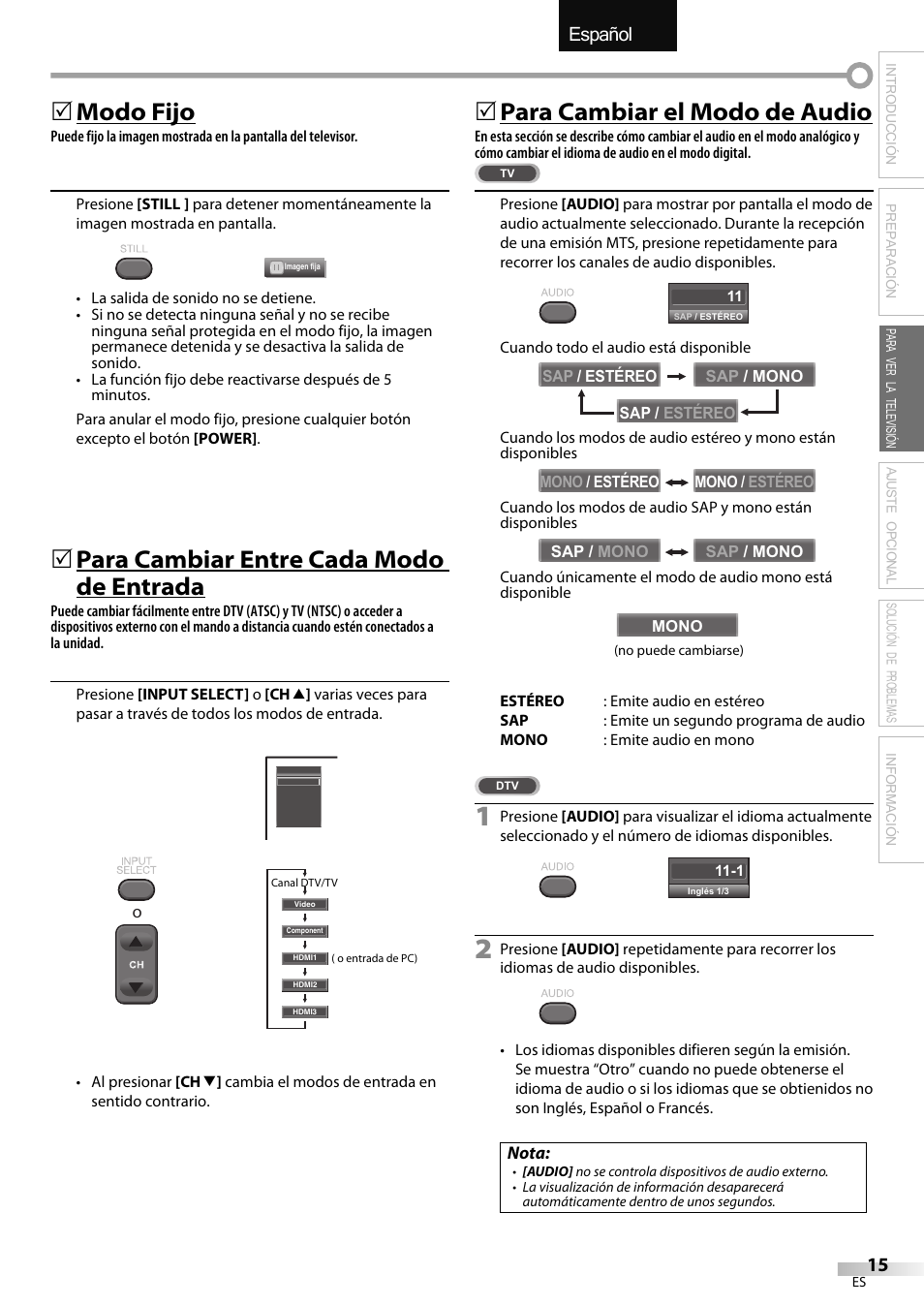 English español français, 5 modo fijo, 5 para cambiar entre cada modo de entrada | 5 para cambiar el modo de audio | Emerson LC320EMXF User Manual | Page 93 / 116