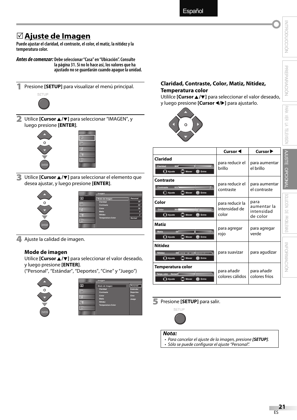 English español français, 5 ajuste de imagen, Antes de comenzar | Mode de imagen, Nota, Presione [setup] para visualizar el menú principal, Ajuste la calidad de imagen, Presione [setup] para salir | Emerson LC320EMXF User Manual | Page 99 / 116