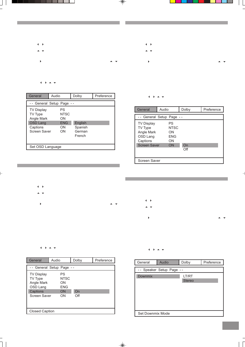 On screen display language, Captions, Screen saver | Downmix | Emerson Radio Barbie BAR330 User Manual | Page 21 / 27