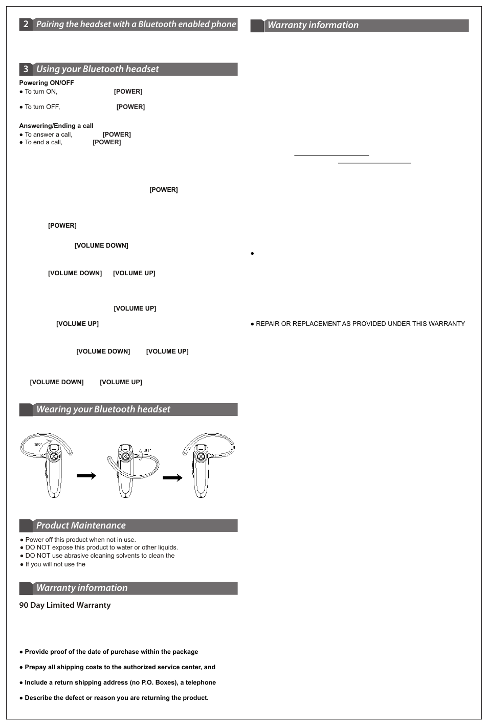 Warranty information, Product maintenance, Wearing your bluetooth headset | Using your bluetooth headset 3, Pairing the headset with a bluetooth enabled phone, 90 day limited warranty | Emerson EM-253 User Manual | Page 2 / 2
