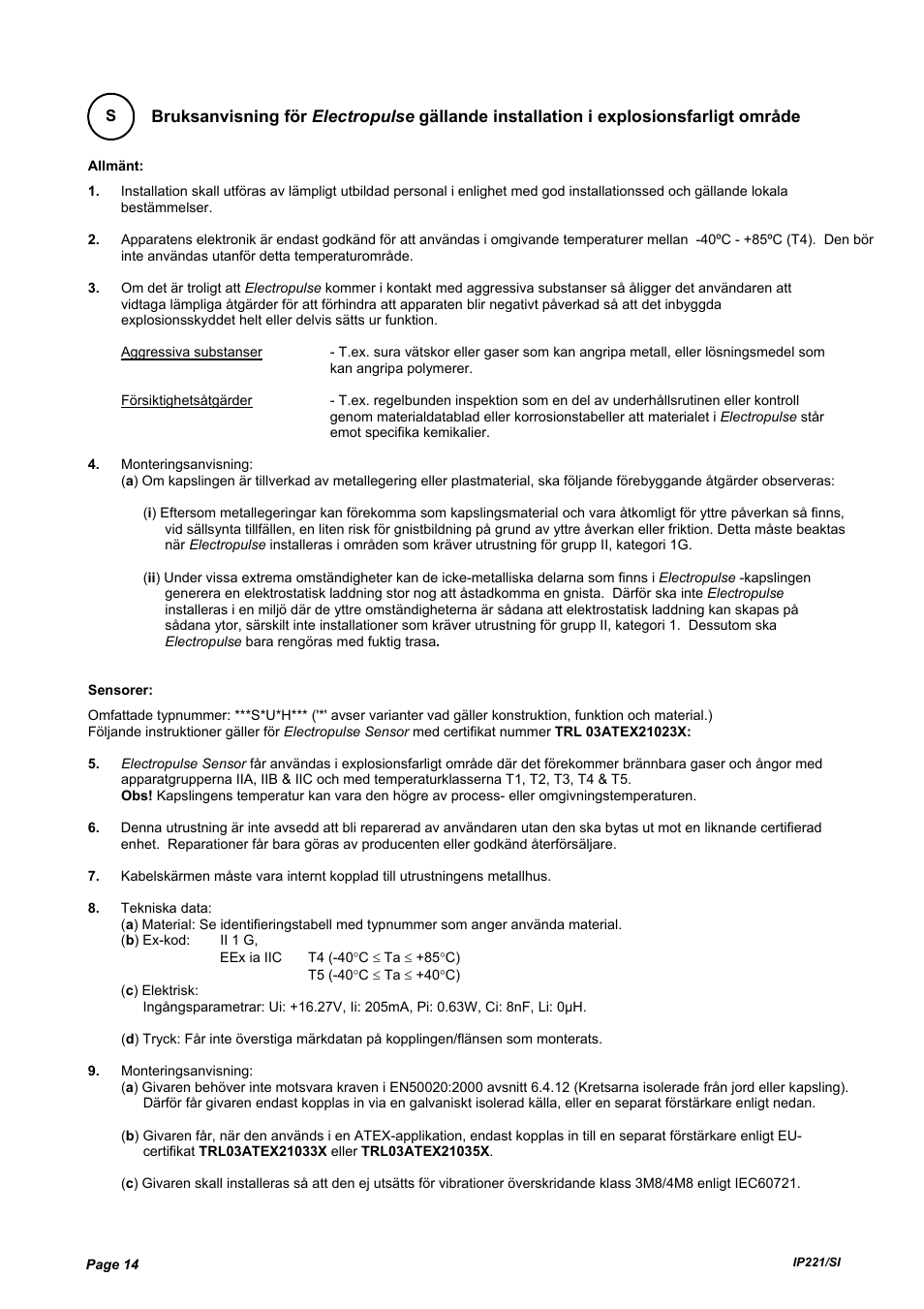 Emerson IP221/SI User Manual | Page 14 / 52