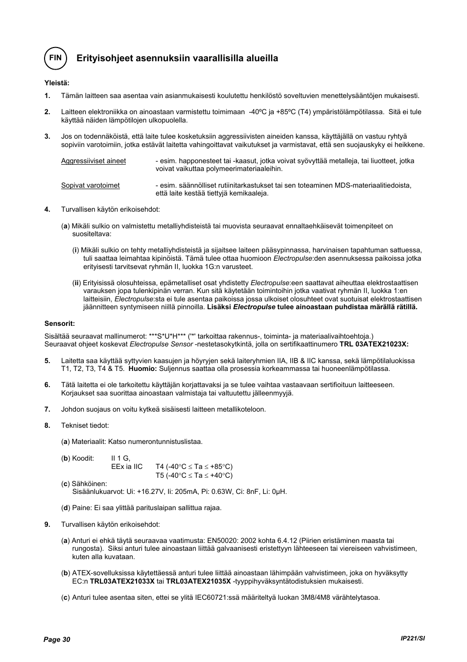 Erityisohjeet asennuksiin vaarallisilla alueilla | Emerson IP221/SI User Manual | Page 30 / 52