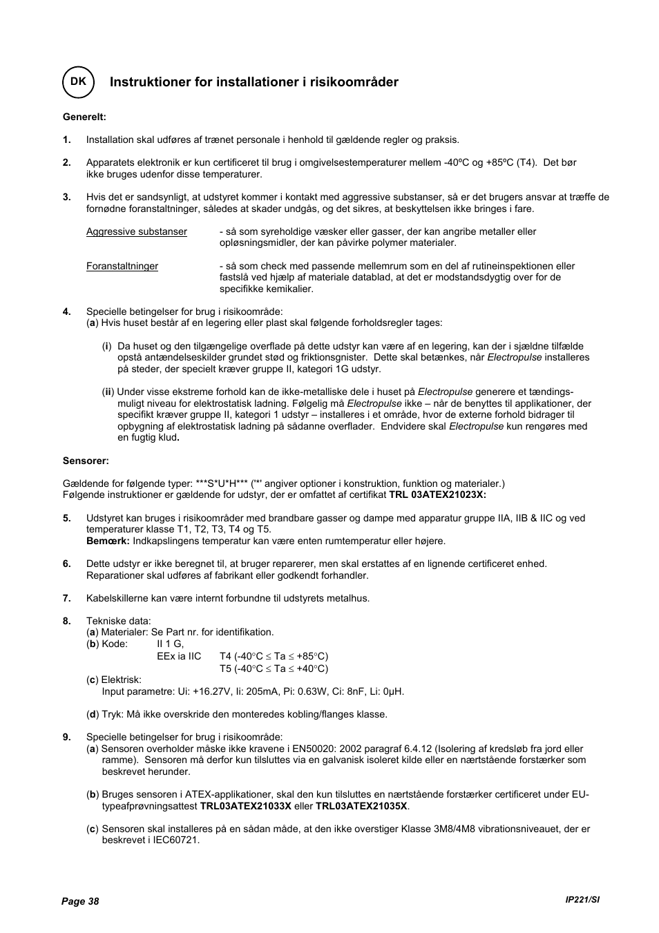 Instruktioner for installationer i risikoområder | Emerson IP221/SI User Manual | Page 38 / 52