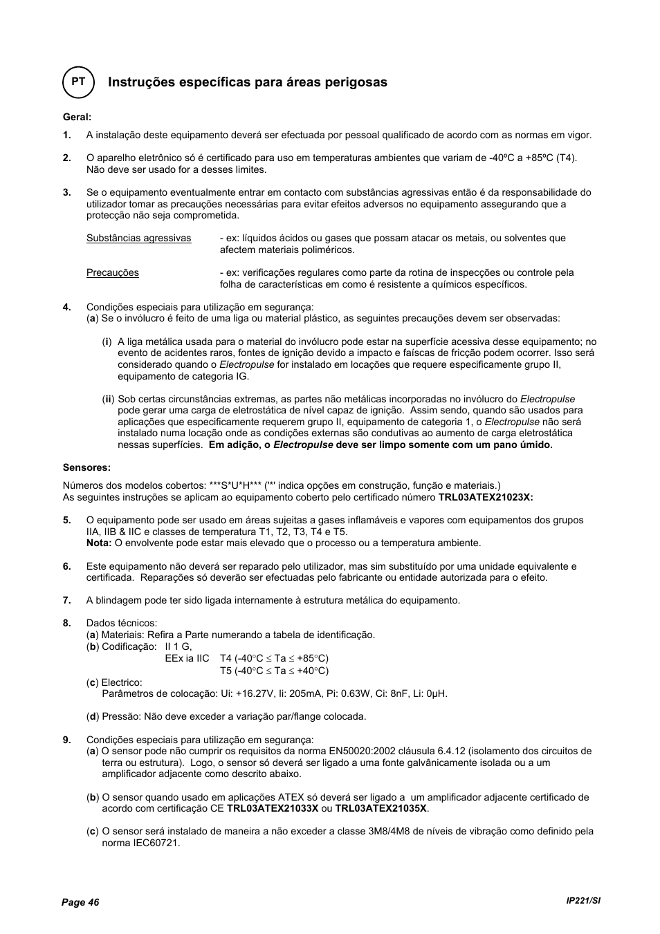 Instruções específicas para áreas perigosas | Emerson IP221/SI User Manual | Page 46 / 52