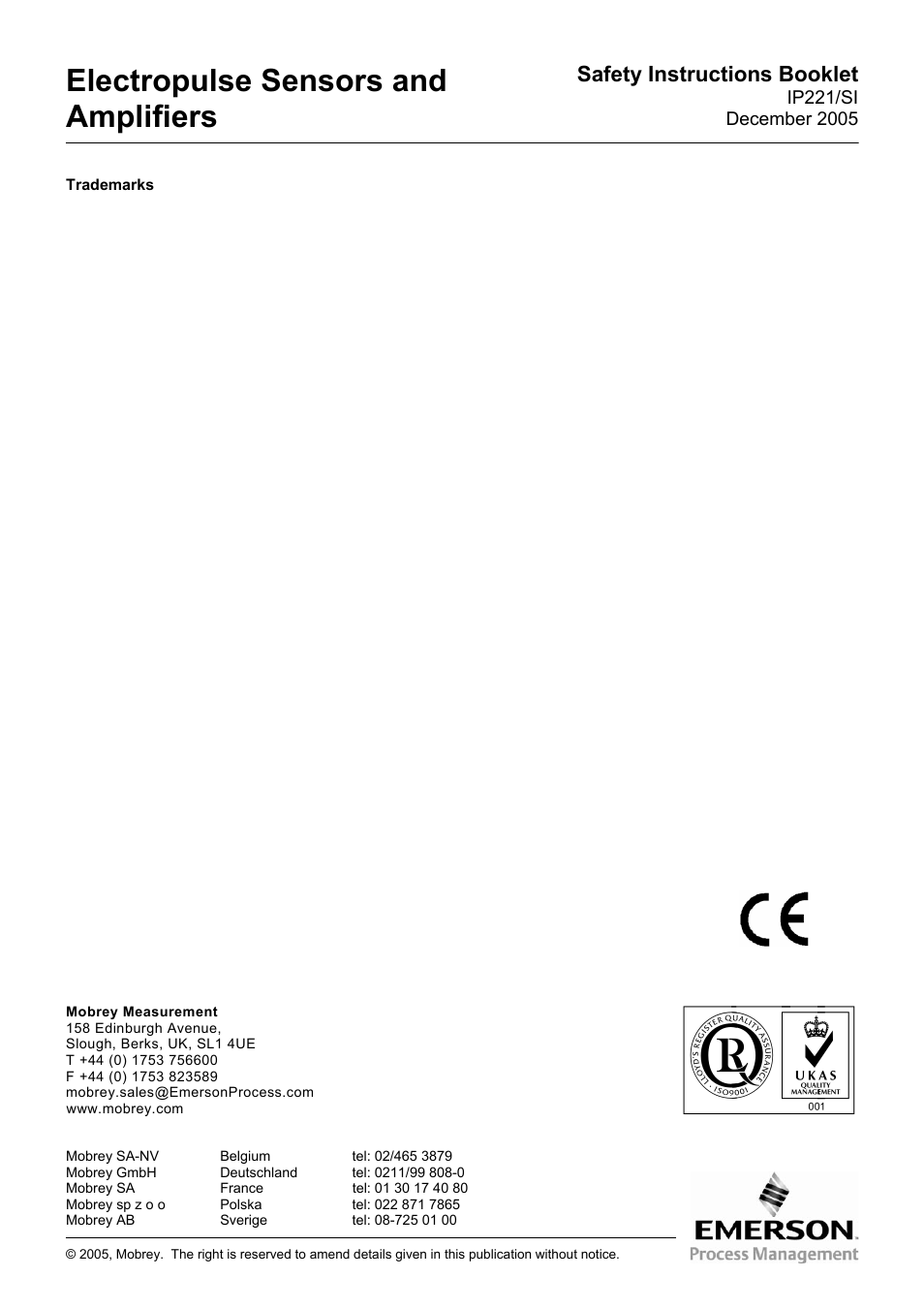 Abcdef, Electropulse sensors and amplifiers, Safety instructions booklet | Emerson IP221/SI User Manual | Page 52 / 52