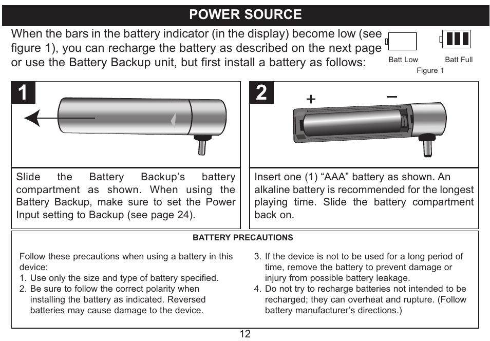 Power source | Emerson Radio MP250 User Manual | Page 13 / 44