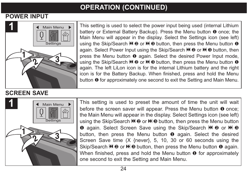 Operation (continued), Power input, Screen save | Emerson Radio MP250 User Manual | Page 25 / 44