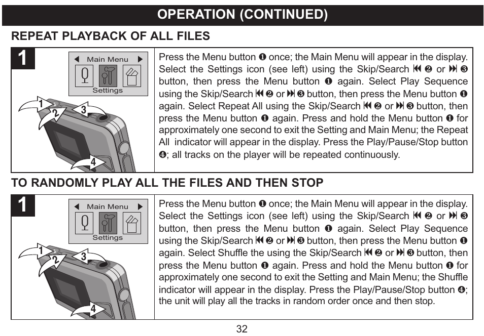 Operation (continued), Repeat playback of all files | Emerson Radio MP250 User Manual | Page 33 / 44