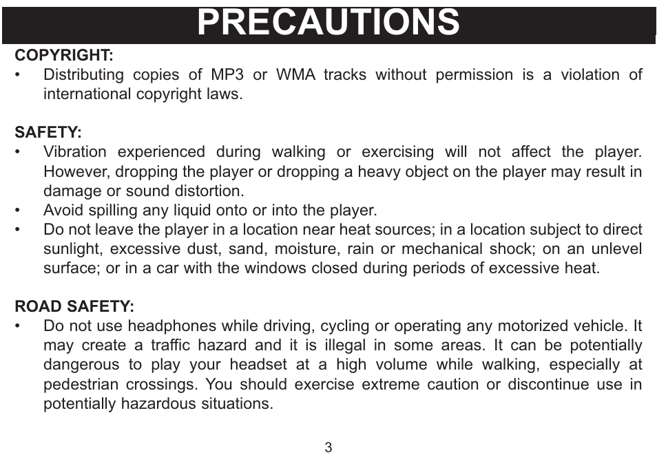 Precautions | Emerson Radio MP250 User Manual | Page 4 / 44