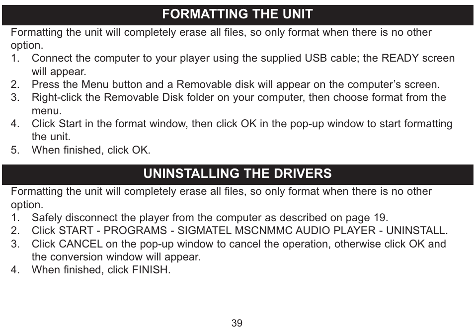 Formatting the unit, Uninstalling the drivers | Emerson Radio MP250 User Manual | Page 40 / 44