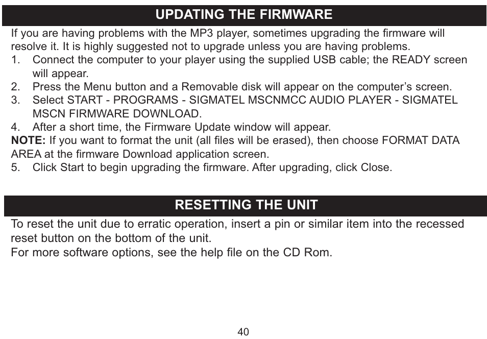 Updating the firmware, Resetting the unit | Emerson Radio MP250 User Manual | Page 41 / 44