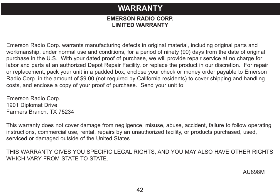 Warranty | Emerson Radio MP250 User Manual | Page 43 / 44