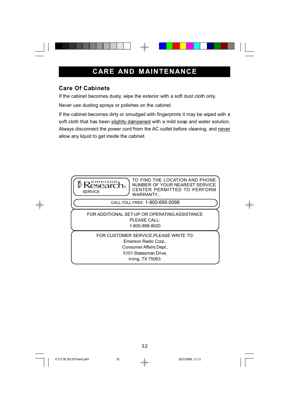 Care and maintenance, Care of cabinets | Emerson Radio iC172 User Manual | Page 32 / 35