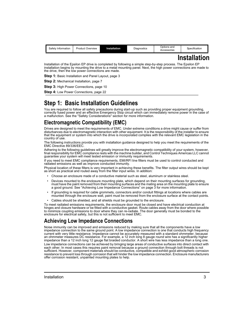 Installation, Step 1: basic installation guidelines, Electromagnetic compatibility (emc) | Achieving low impedance connections | Emerson 400518-01 User Manual | Page 15 / 88