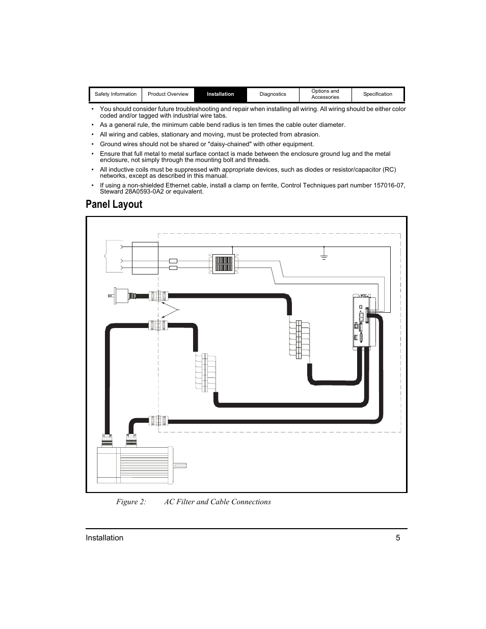 Panel layout, Installation 5, Figure 2: ac filter and cable connections | Emerson 400518-01 User Manual | Page 17 / 88