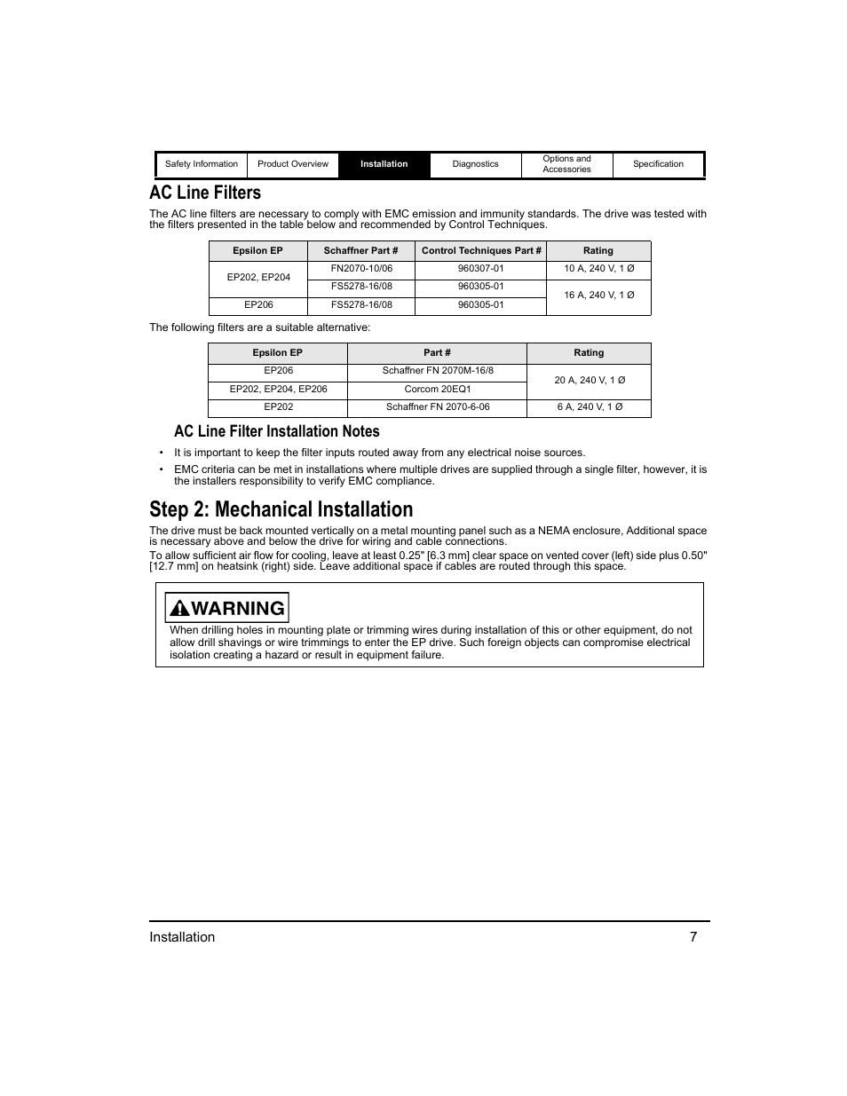 Ac line filters, Step 2: mechanical installation, Installation 7 | Emerson 400518-01 User Manual | Page 19 / 88