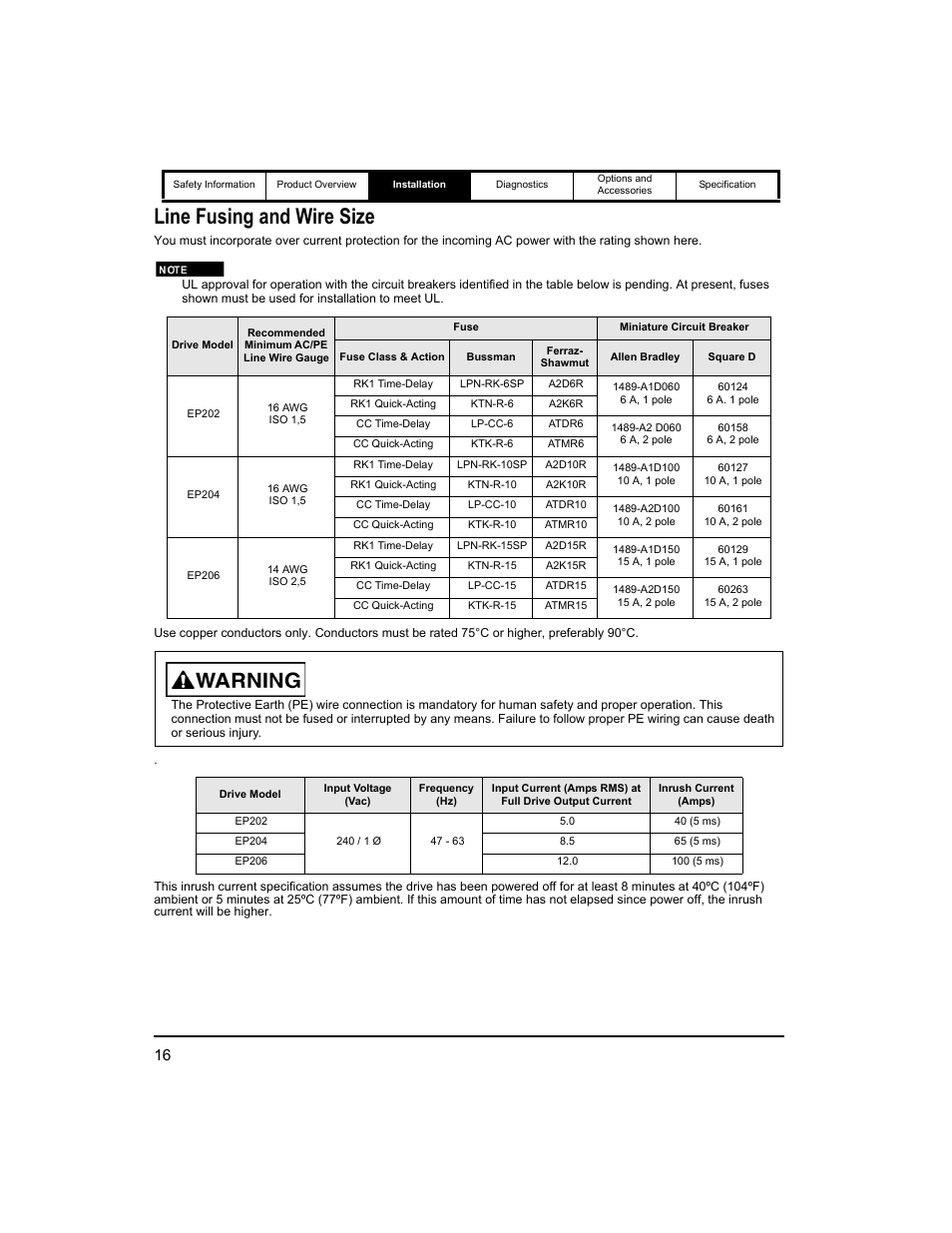 Line fusing and wire size | Emerson 400518-01 User Manual | Page 28 / 88