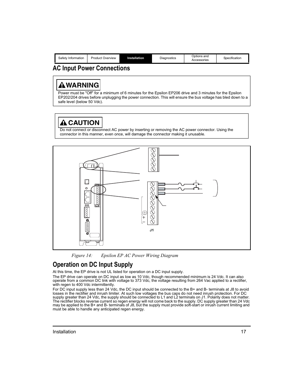 Ac input power connections, Operation on dc input supply, Front view | Installation 17, Figure 14: epsilon ep ac power wiring diagram | Emerson 400518-01 User Manual | Page 29 / 88