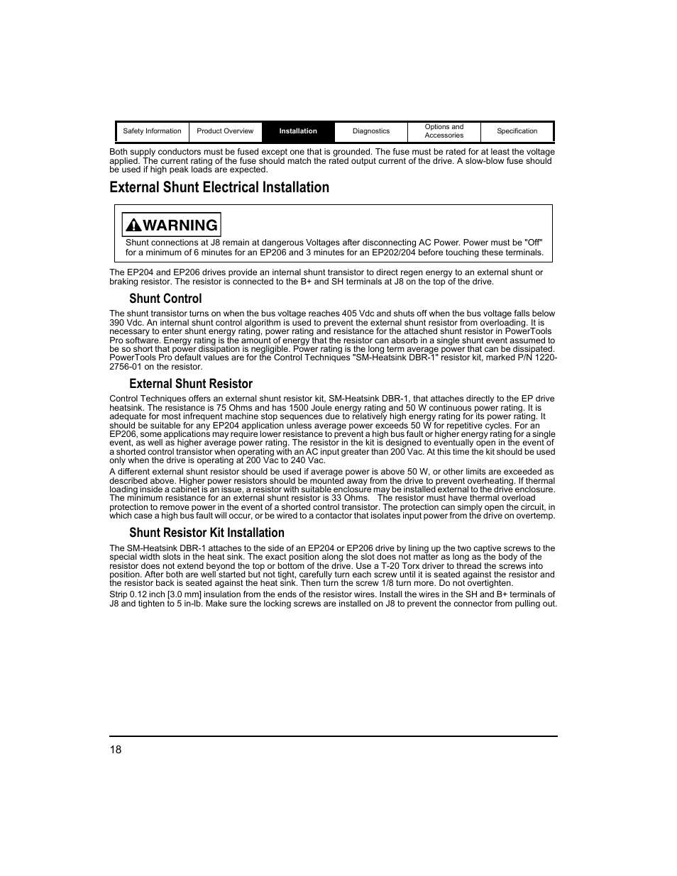 External shunt electrical installation, Shunt control, External shunt resistor | Shunt resistor kit installation | Emerson 400518-01 User Manual | Page 30 / 88