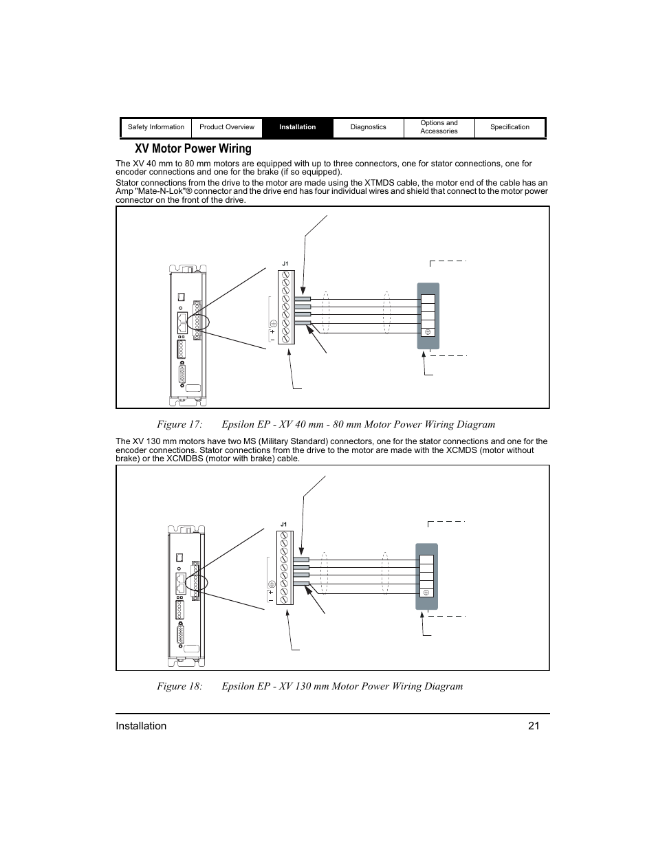 Xv motor power wiring, Installation 21, Front view | Emerson 400518-01 User Manual | Page 33 / 88
