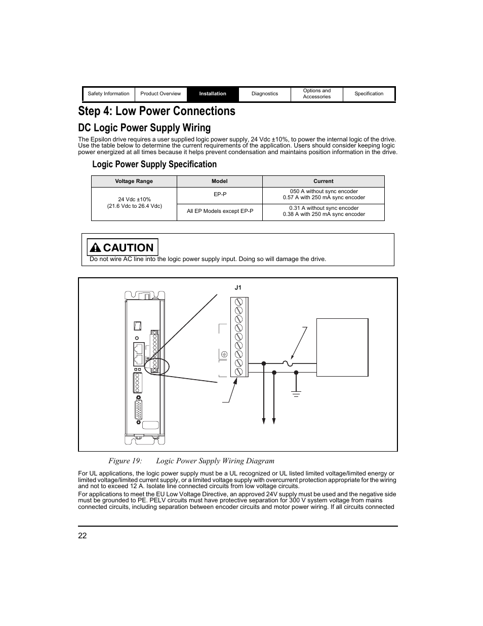 Step 4: low power connections, Dc logic power supply wiring, Front view | Logic power supply specification, Figure 19: logic power supply wiring diagram | Emerson 400518-01 User Manual | Page 34 / 88