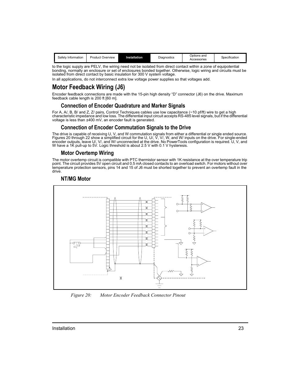 Motor feedback wiring (j6), Motor overtemp wiring, Nt/mg motor | Installation 23, Figure 20: motor encoder feedback connector pinout | Emerson 400518-01 User Manual | Page 35 / 88