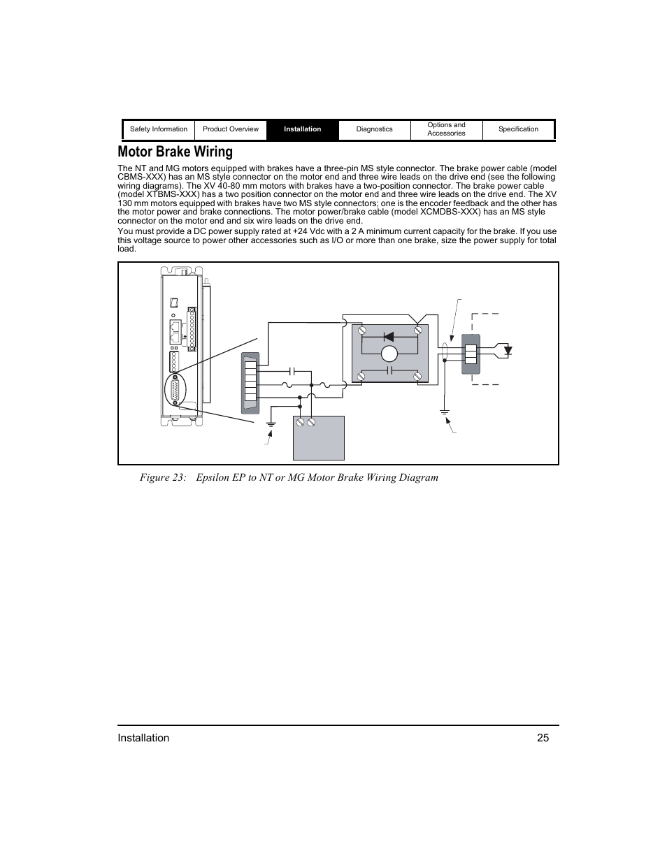 Motor brake wiring, Installation 25 | Emerson 400518-01 User Manual | Page 37 / 88