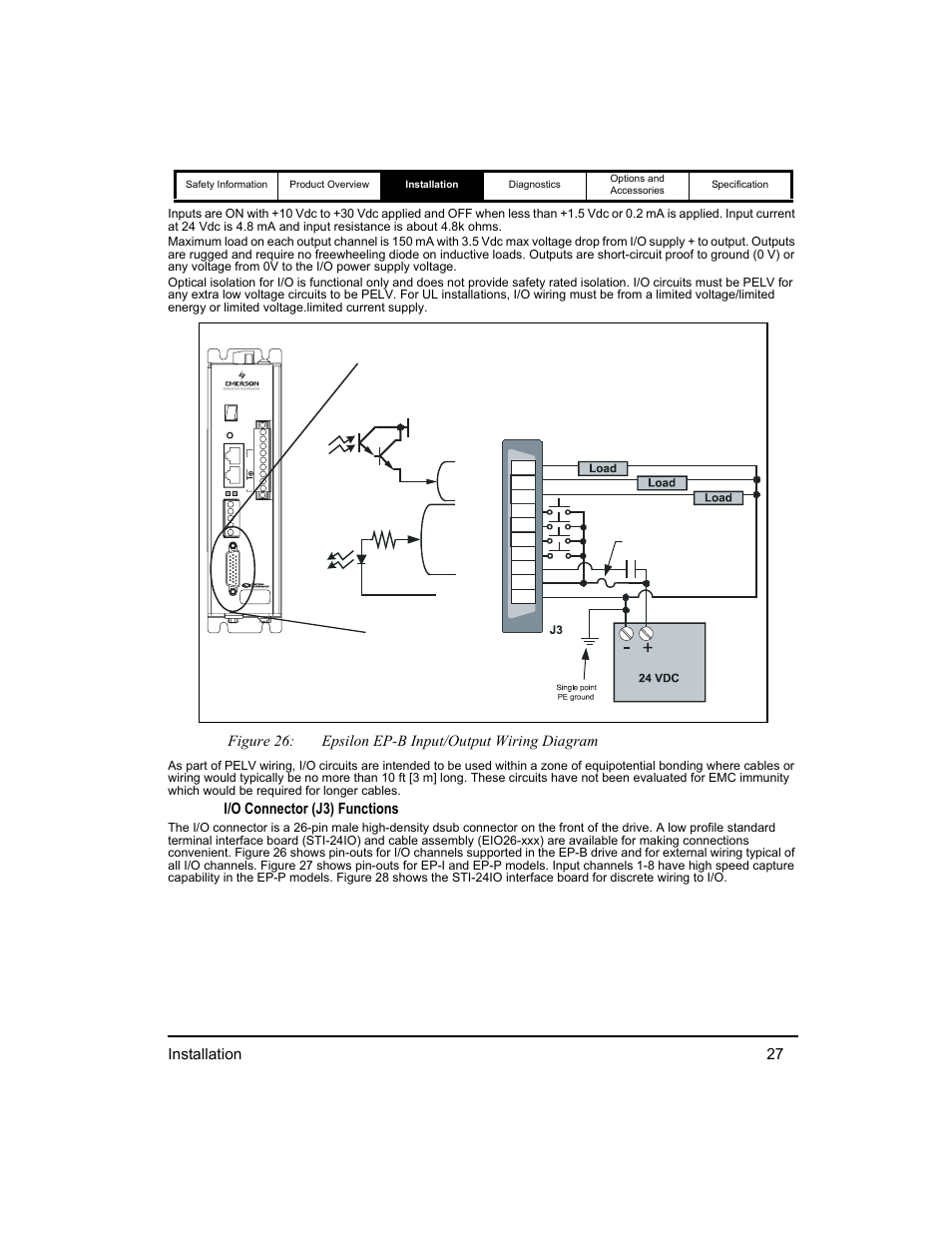 Installation 27, I/o connector (j3) functions | Emerson 400518-01 User Manual | Page 39 / 88