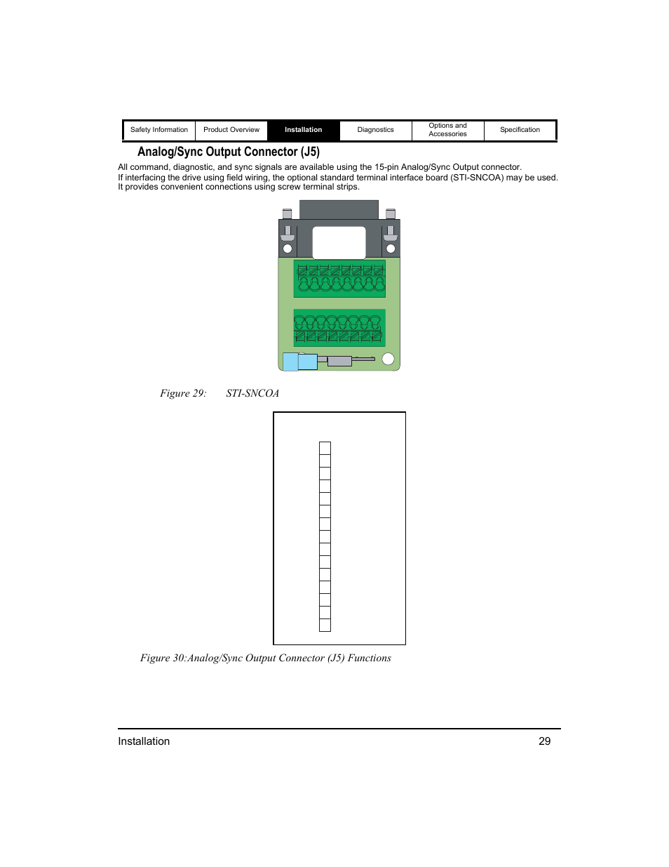 Analog/sync output connector (j5), Installation 29, Figure 29: sti-sncoa | Emerson 400518-01 User Manual | Page 41 / 88