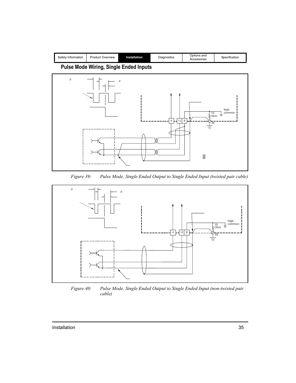 Pulse mode wiring, single ended inputs, Installation 35 | Emerson 400518-01 User Manual | Page 47 / 88