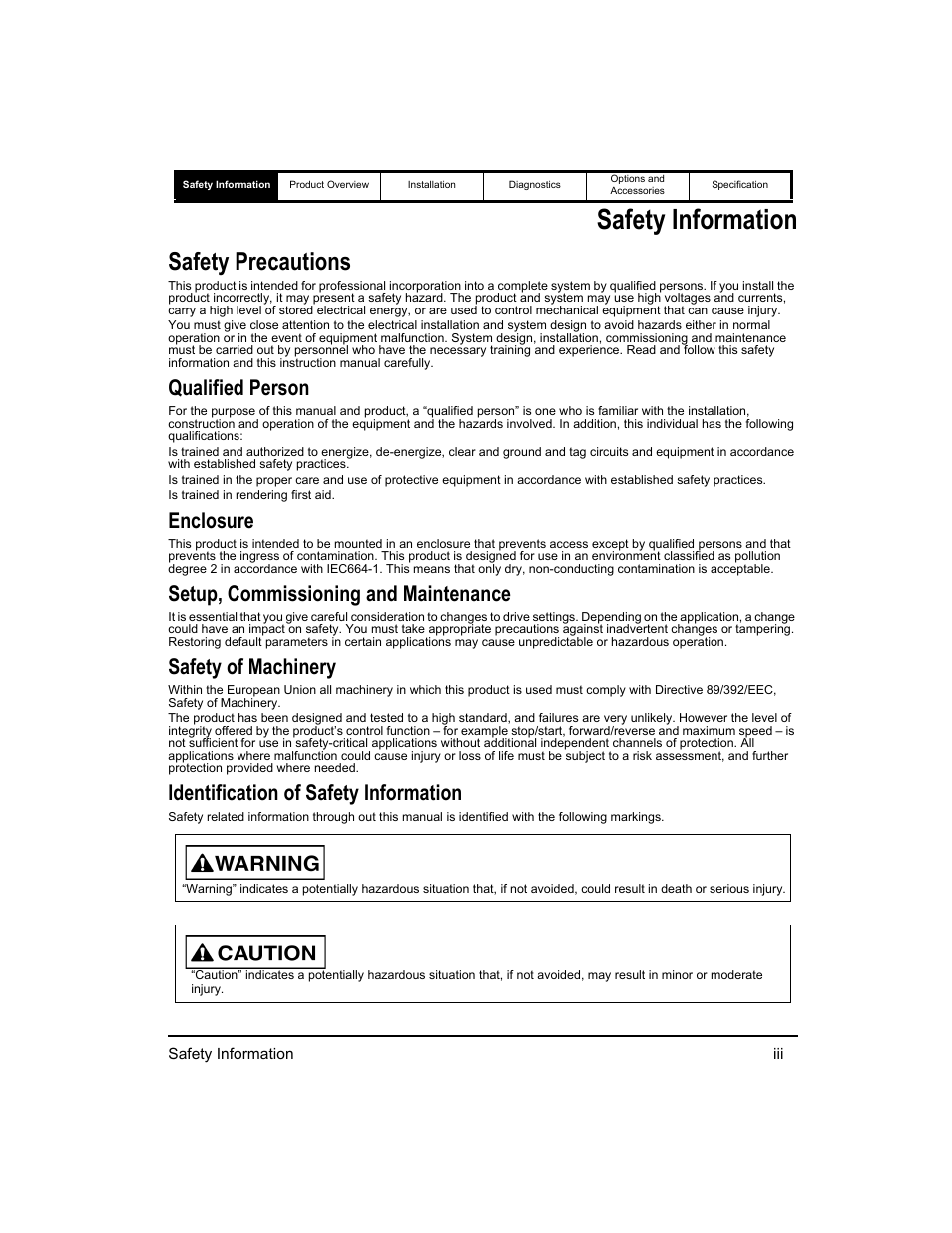 Safety information, Safety precautions, Qualified person | Enclosure, Setup, commissioning and maintenance, Safety of machinery, Identification of safety information | Emerson 400518-01 User Manual | Page 5 / 88