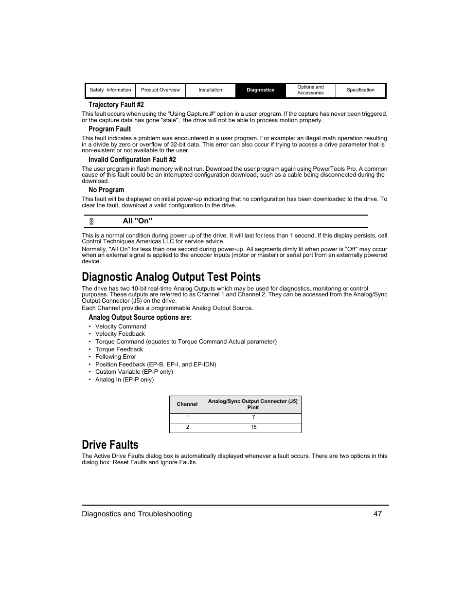 Diagnostic analog output test points, Drive faults, Diagnostic analog output test points drive faults | Emerson 400518-01 User Manual | Page 59 / 88
