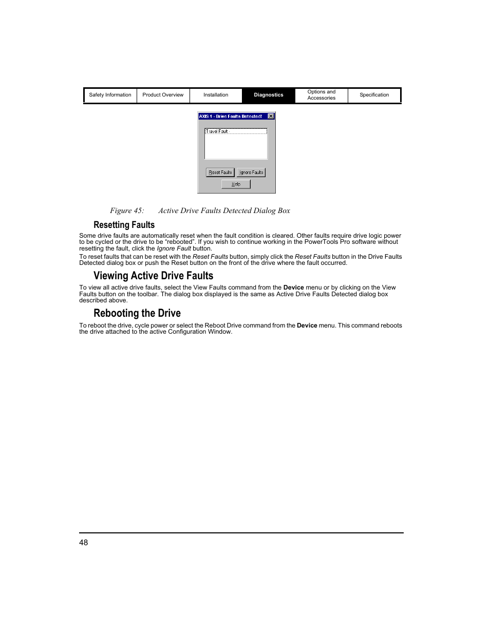 Viewing active drive faults, Rebooting the drive, Resetting faults | Emerson 400518-01 User Manual | Page 60 / 88