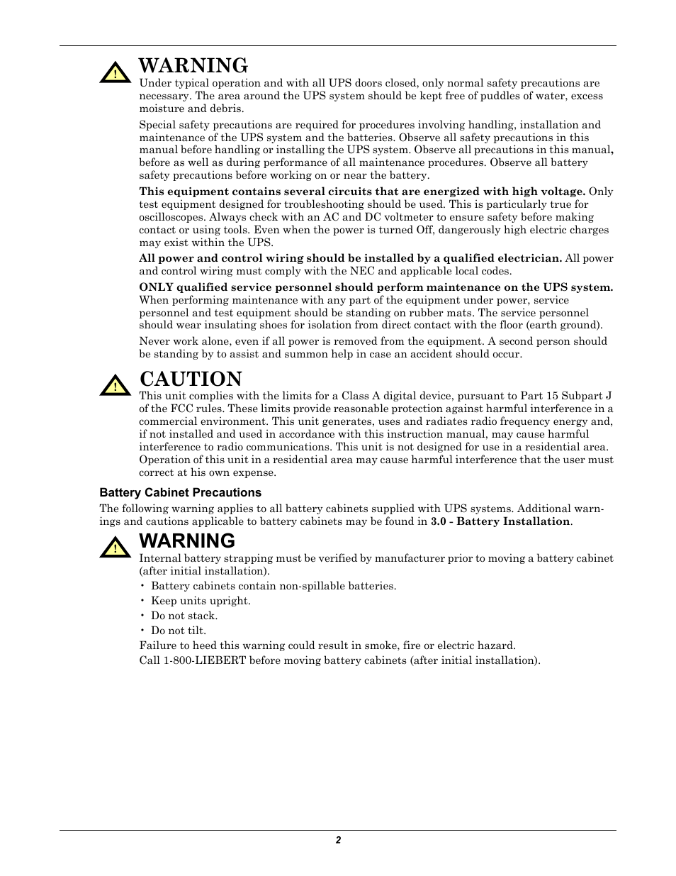 Battery cabinet precautions, Warning, Caution | Emerson Liebert NX 480V User Manual | Page 10 / 108