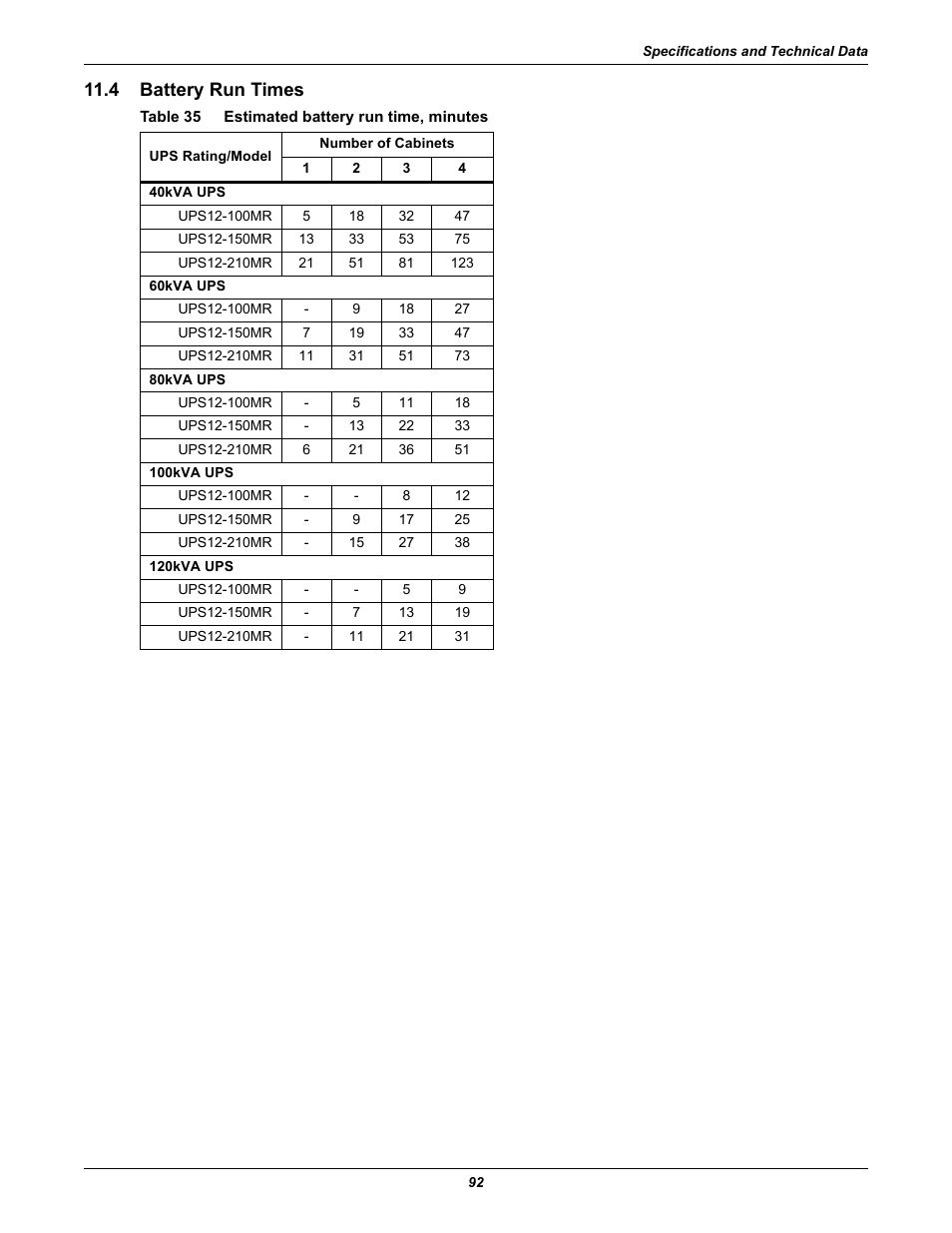 4 battery run times, Table 35 estimated battery run time, minutes, Battery run times | Table 35, Estimated battery run time, minutes | Emerson Liebert NX 480V User Manual | Page 100 / 108