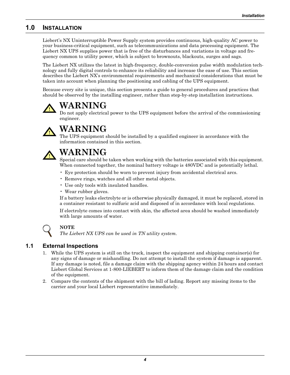 0 installation, 1 external inspections, Nstallation | External inspections, Warning | Emerson Liebert NX 480V User Manual | Page 12 / 108