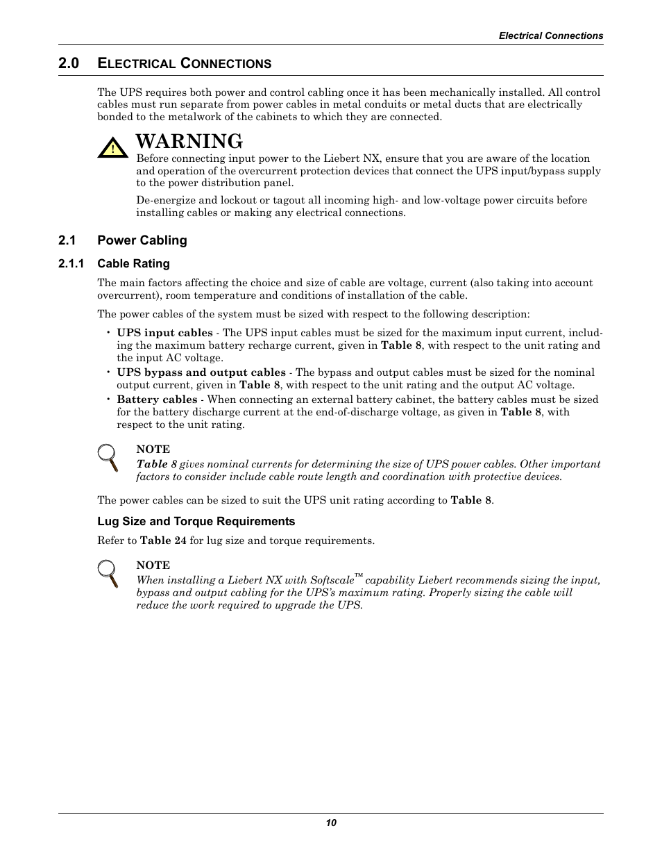 0 electrical connections, 1 power cabling, 1 cable rating | Lug size and torque requirements, Lectrical, Onnections, Power cabling, Cable rating, Warning | Emerson Liebert NX 480V User Manual | Page 18 / 108