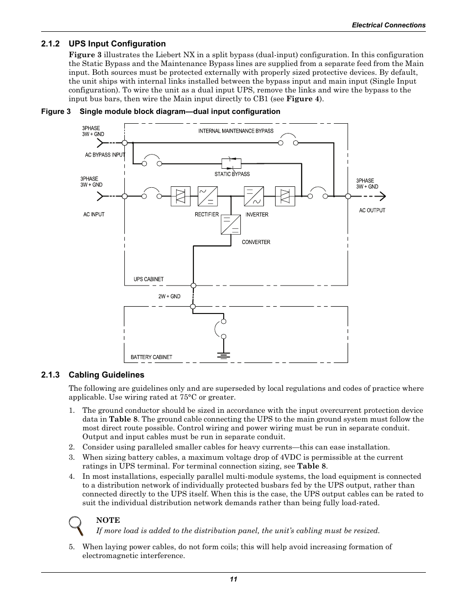 2 ups input configuration, 3 cabling guidelines, Ups input configuration | Cabling guidelines, Figure 3 | Emerson Liebert NX 480V User Manual | Page 19 / 108