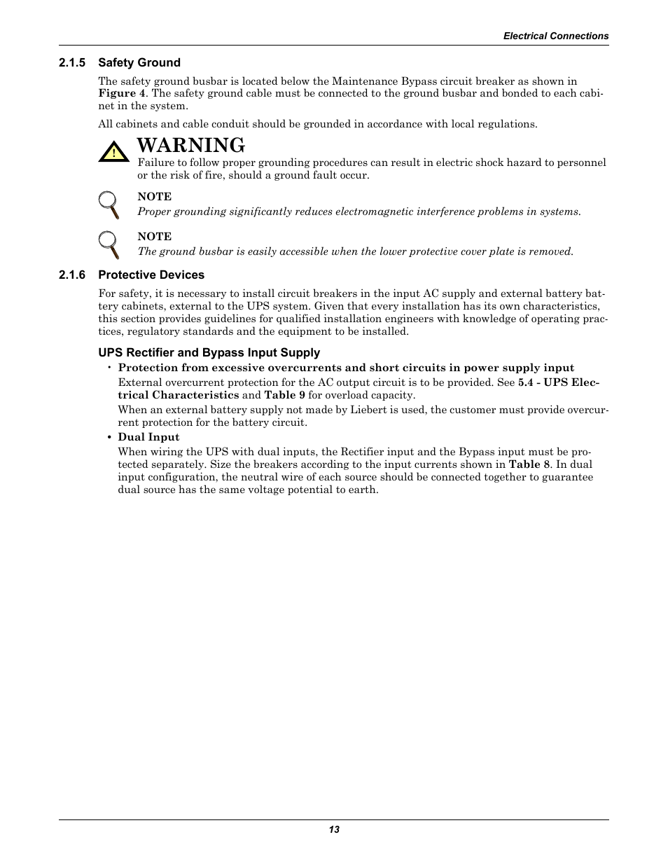 5 safety ground, 6 protective devices, Ups rectifier and bypass input supply | Safety ground, Protective devices, Warning | Emerson Liebert NX 480V User Manual | Page 21 / 108